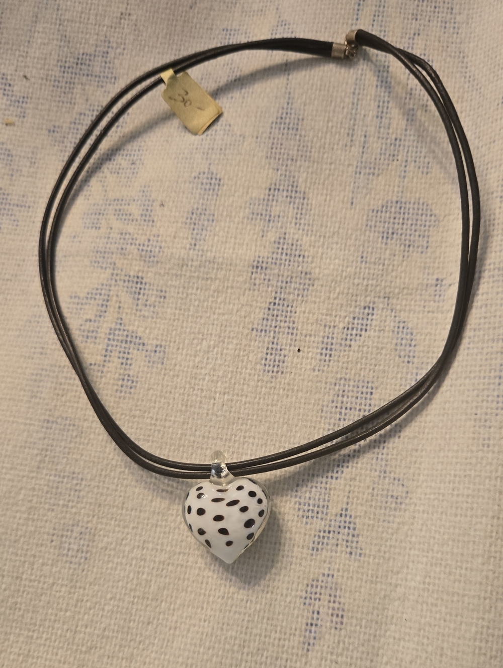 Handblown Glass Heart Pendant Necklace in White with Black Dots - Women Jewelry